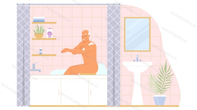 Old man washing body with shampoo gel taking bath vector illustration. Elderly male character bathing in shower enjoying daily hygiene procedure