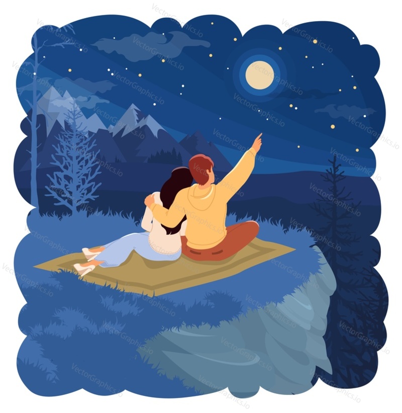 Romantic happy loving couple looking in starry night sky vector illustration. Back view of man and woman lovers admiring beautiful evening enjoying romance on date