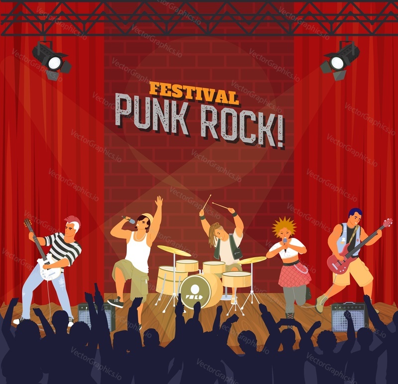 Musical band performing on stage of punk rock festival vector illustration. Musician rock-and-roll artist playing music singing song front of craze excited people audience