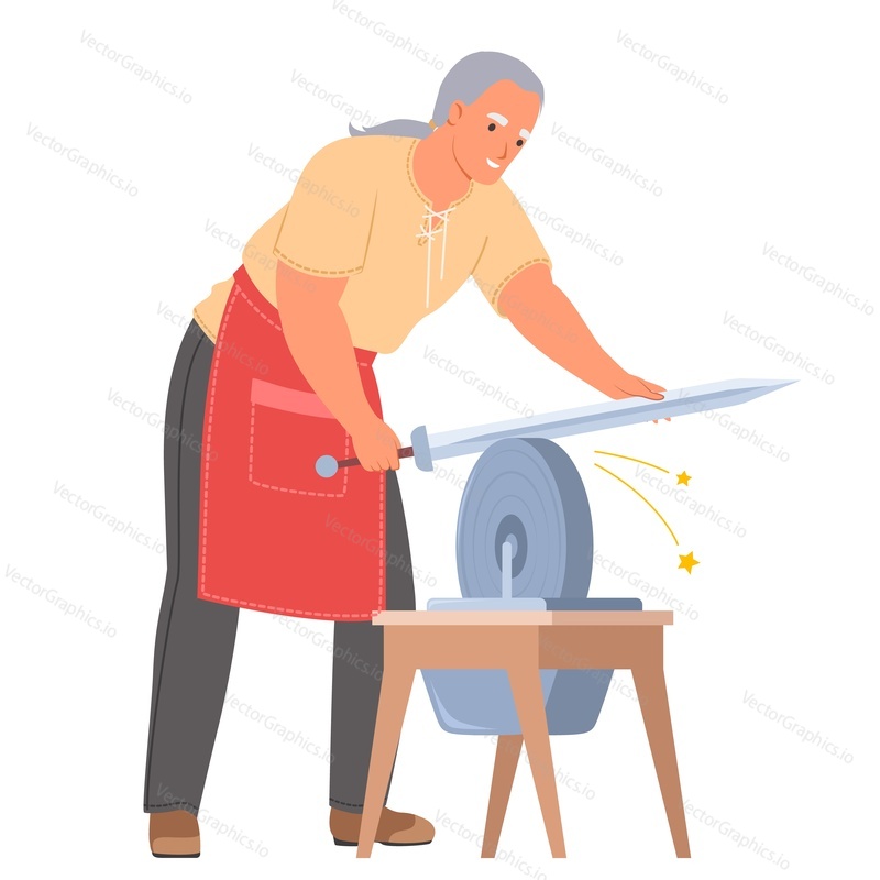 Blacksmith medieval master character wearing apron sharpening sword on grind stone wheel at workshop vector illustration isolated on white background