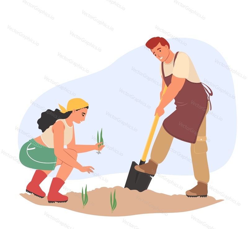 Happy family couple planting tree or flower seedling in soil vector illustration. Volunteering, environment care, green planet or gardening concept