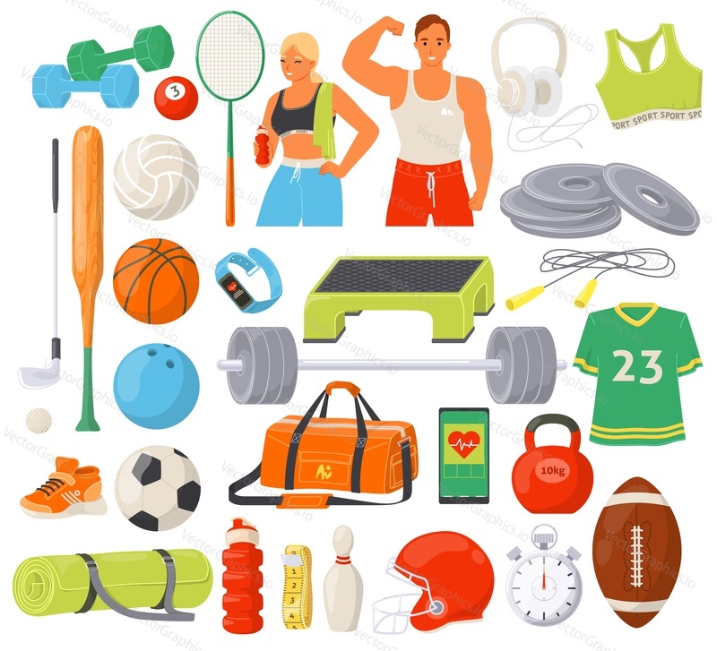 Sport equipment big set of happy sportsman and sportswoman, fitness and gaming items vector illustration isolated on white background. Healthy lifestyle tools and people wellness concept