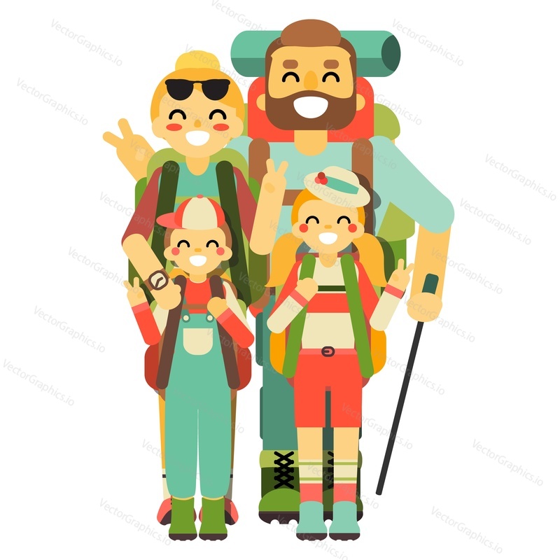 Портрет счастливой семьи с детьми, путешествующей с рюкзаком. Улыбающиеся мать, отец и дети улыбаются и наслаждаются пикником на открытом воздухе, скаутингом или приключенческой поездкой в отпуск