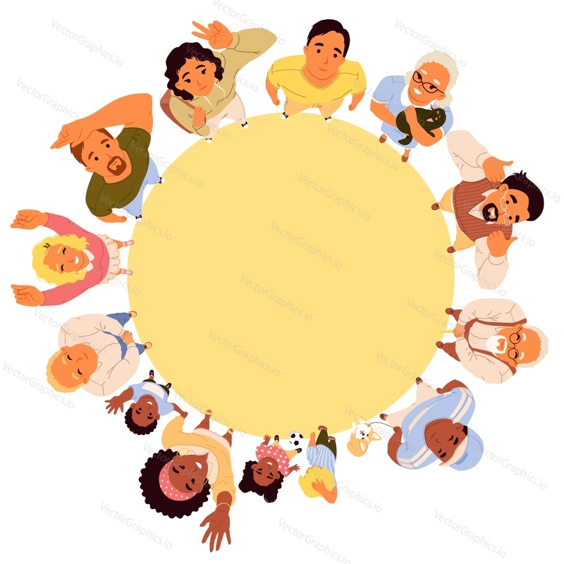 Happy positive diverse people of different age and social status standing in circle, looking up and waving hands gesturing ok, like, hi top view cartoon vector illustration. Unity and togetherness