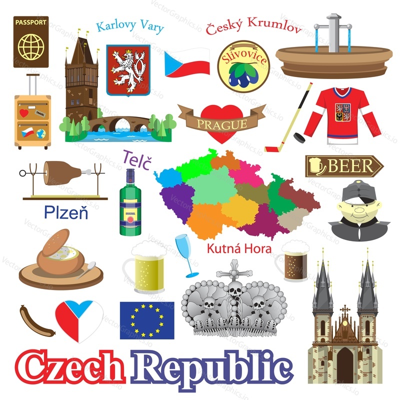 Набор изолированных значков и символов Чешской республики. Векторная иллюстрация традиционной национальной еды и напитков, достопримечательности и архитектуры, знака и флага