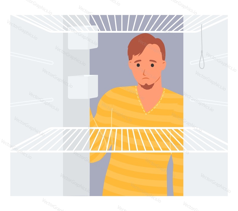 Sad hungry man looking inside open empty refrigerator flat cartoon vector illustration. Guy searching for snack feeling surprise about absence of meal