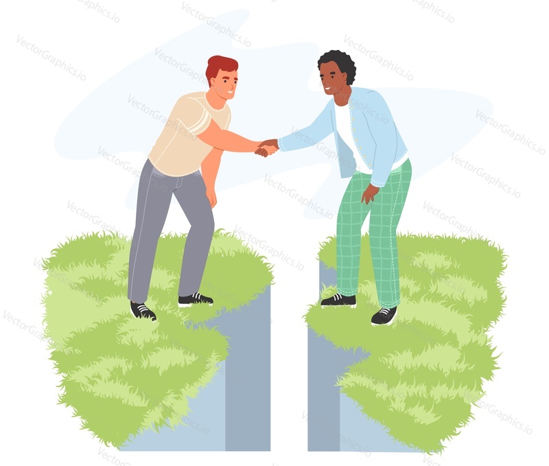 Плоский векторный жест рукопожатия счастливых друзей-мужчин. Молодой мужчина межрасового происхождения, стоящий на мосту по обе стороны трещины. Многонациональная дружба, общение и доверие