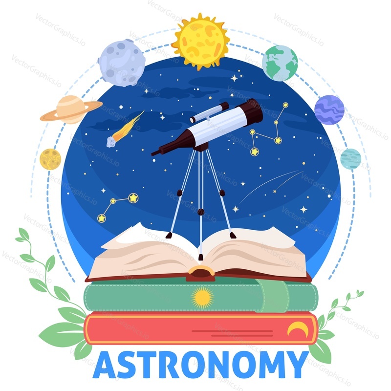 Astronomy education poster vector illustration with telescope on books stack over different cosmic body in starry sky