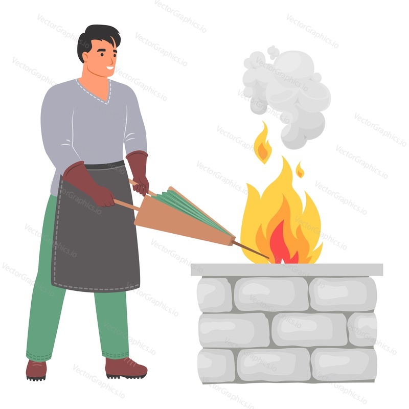 Male blacksmith master fanning fire vector illustration. Man farrier wearing apron blowing flame blaze in fireplace at workplace isolated on white background