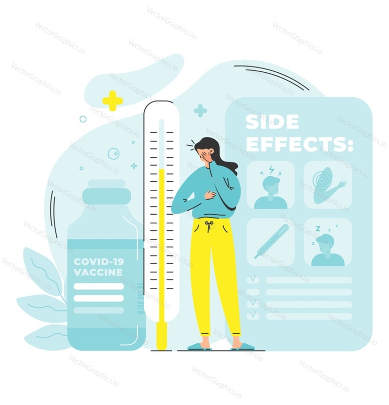 Covid-19 vaccine side effects scene. Vector illustration of vaccinated woman suffering from high temperature after immune injection. Medicine and healthcare concept