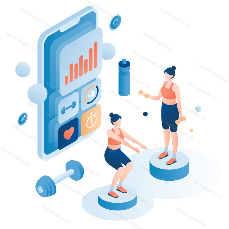 Woman exercising using mobile phone app for checking health indicator vector illustration. Woman character lifting weight, squatting doing cardio training workout. Virtual gym concept