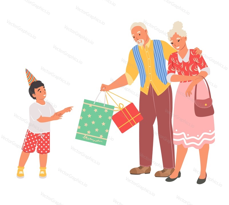 Дедушка с бабушкой дарят подарки веселому маленькому внуку на день рождения векторная иллюстрация. Счастливая семья, любящие отношения между детьми и взрослыми, концепция празднования праздника
