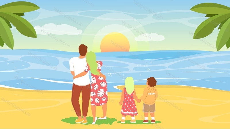 Счастливая семья наслаждается закатом на векторной иллюстрации тропического пляжа. Родители и дети вместе гуляют по берегу моря и расслабляются. Концепция отдыха на тропическом курорте
