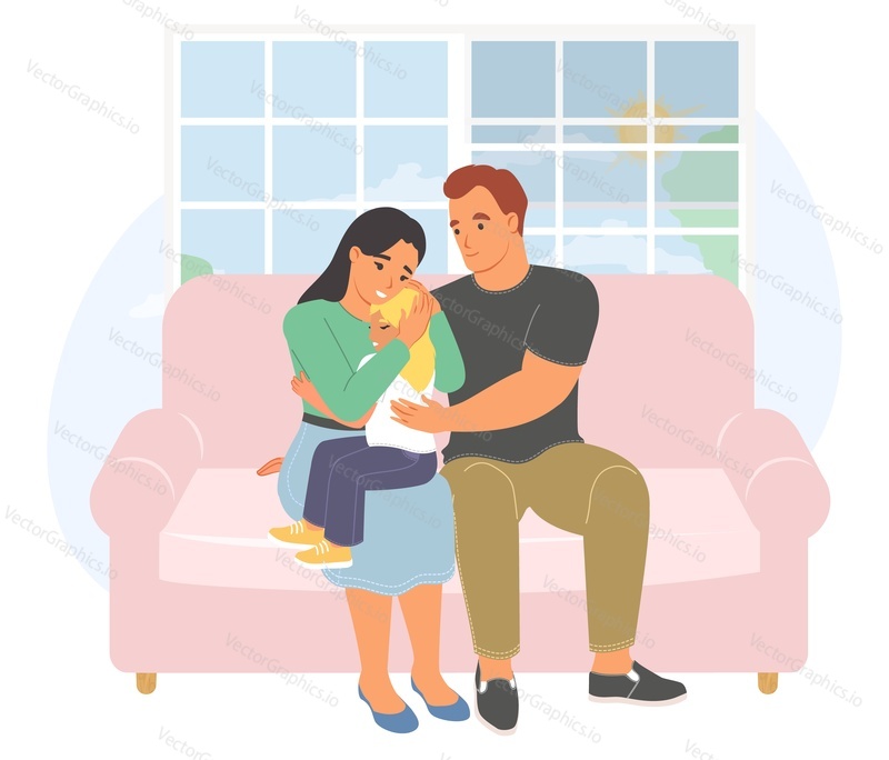 Счастливая семья и беседа родителей с детьми векторная иллюстрация. Любящие отец и мать заботятся, поддерживают, успокаивают маленькую дочь-карапуза, испытывающую стресс и несчастную, сидящую дома на диване