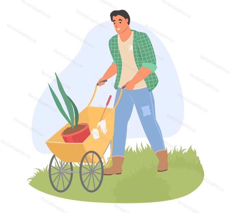 Young man gardener character carrying potted plant flower seedling in wheelbarrow vector illustration. Farm life, gardening, planting and active lifestyle concept