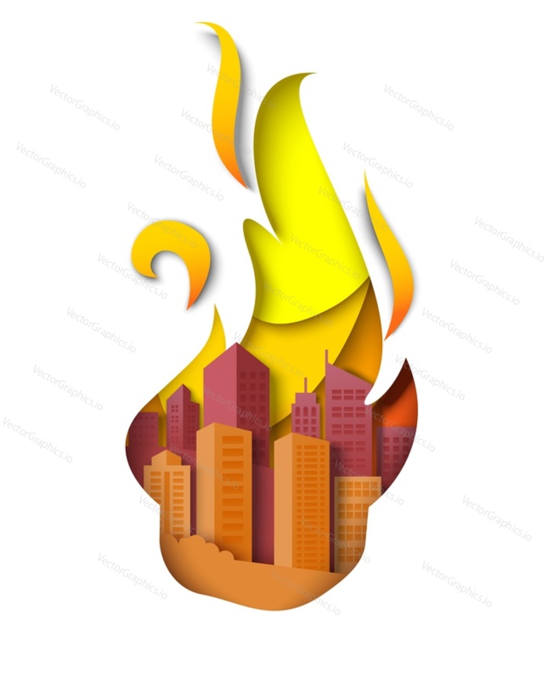 Городские здания в пламени пожара векторная иллюстрация. Значок горящих многоквартирных домов в стиле вырезки из бумаги. Апокалипсис, последствия катаклизма, стихийное бедствие, концепция разрушенного города