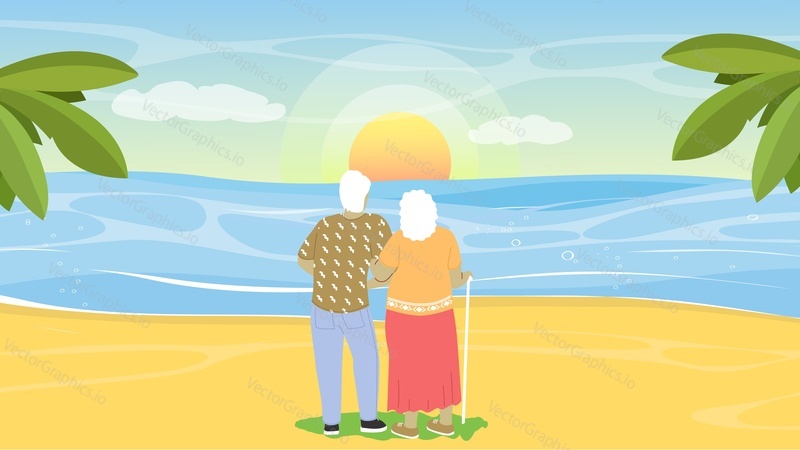 Senior old loving couple looking at sunset during romantic dating on seaside vector illustration. View from back on elderly man and woman hugging enjoying tranquility of evening best moments of life