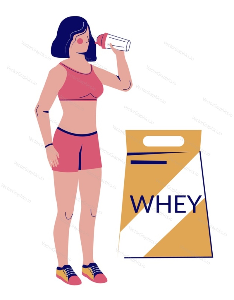 Фитнес-женщина, пьющая протеиновый коктейль whey cocktail спортивное питание после активной тренировки плоская векторная иллюстрация, изолированная на белом фоне