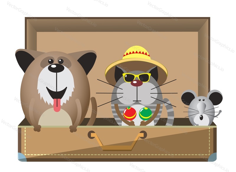 Funny travel pets sitting in luggage bag suitcase vector illustration. Kawai puppy, kitten in Mexican hat holding maracas and serious mouse traveler. Domestic animals tourist