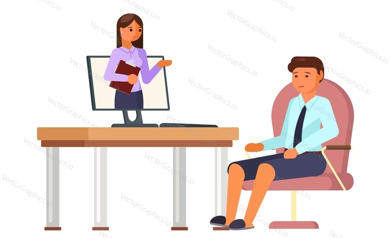 Мужчина, ищущий работу, проходит онлайн-собеседование с женщиной-менеджером по персоналу с помощью компьютерной векторной иллюстрации. Концепция найма сотрудника и кадрового агентства
