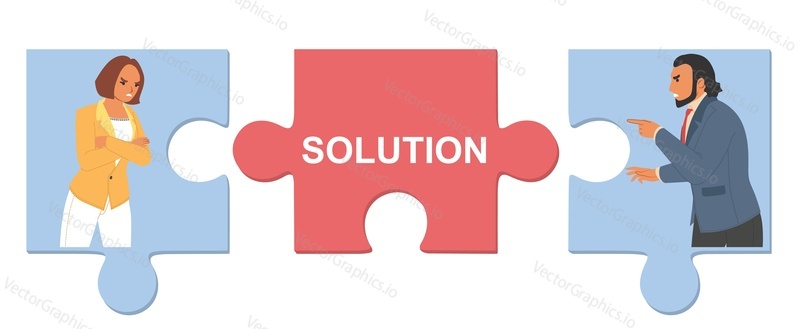 Family conflict solution and couple therapy for restoration of relations vector illustration. Flat cartoon furious mad married man and woman quarrelling yelling on each other puzzle design