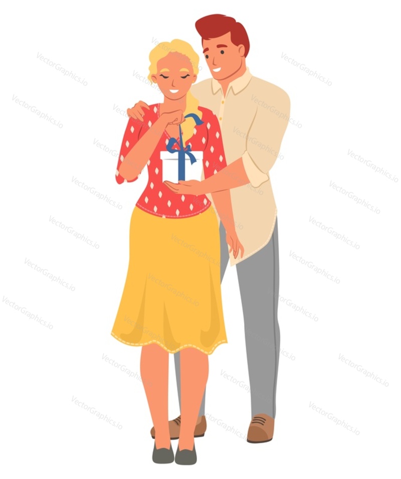 Man making surprise for woman giving gift box vector illustration isolated on white background. Loving boyfriend presenting wrapped pack to girlfriend. Birthday celebration and greeting concept
