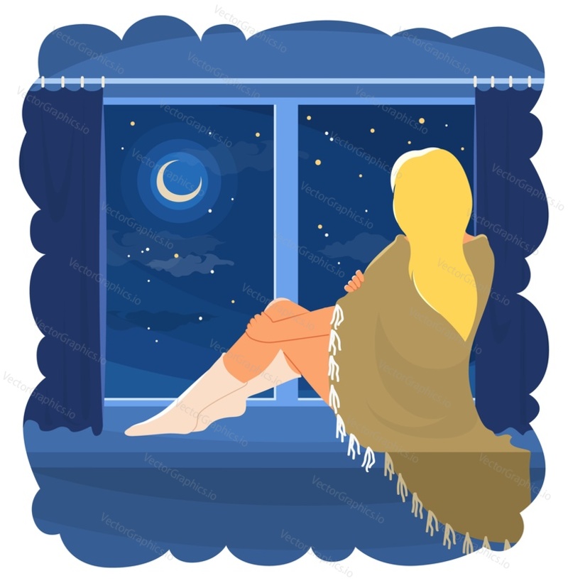 Dreamy relaxed young woman wrapped in blanket sitting on windowsill looking through glass into night starry sky resting at home apartment vector illustration