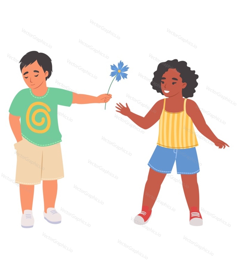 Shy little boy giving flower to girl vector illustration. Cute funny children isolated on white background. Male kid character presenting beautiful blossoms greeting friend with birthday party event