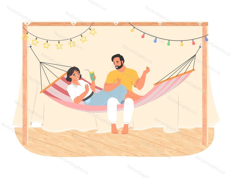 Loving couple in hammock vector. Young man and woman romantic dating illustration. Travel vacation on holiday, love relationships and honeymoon concept