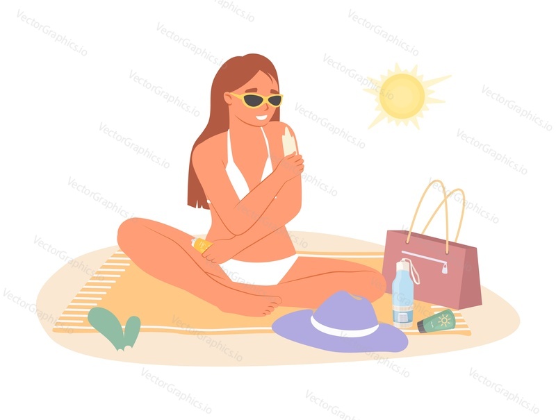Женщина, защищающая кожу от ультрафиолетовых лучей солнца на пляжной плоской мультяшной векторной иллюстрации. Девушка использует солнцезащитный крем или лосьон для загара с SPF