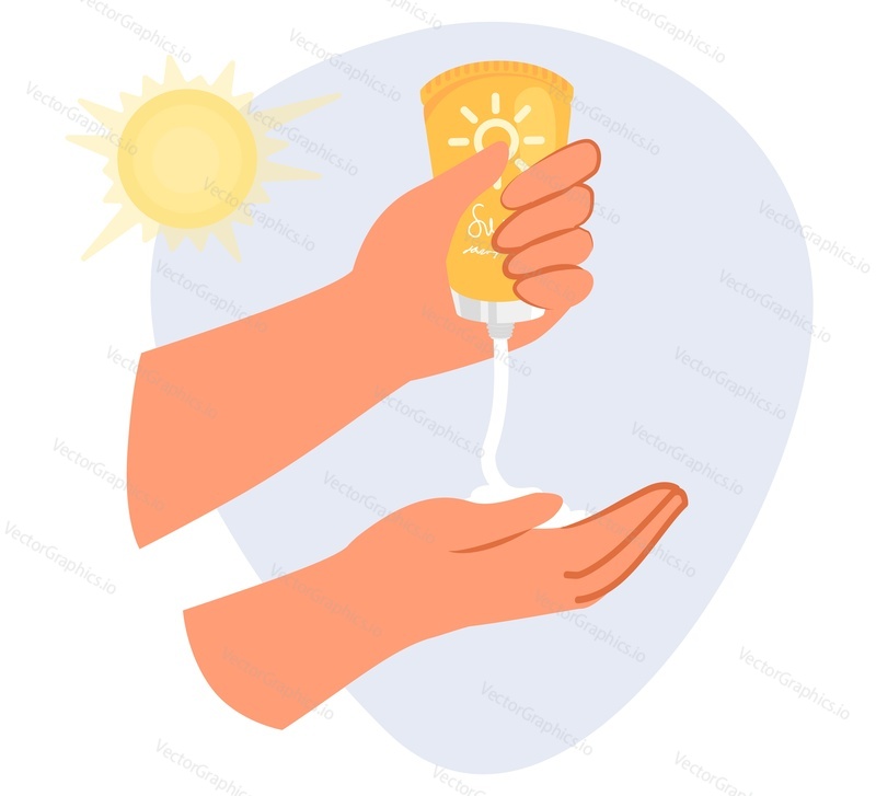 Руки, сжимающие солнцезащитный крем из пластикового контейнера с плоской мультяшной векторной иллюстрацией. Концепция ухода за кожей и защиты солнцезащитным кремом spf