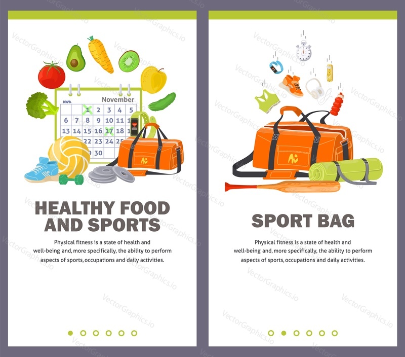 Healthy food and sports, fitness bag concept for mobile application website banner template. Sportive items for fitness training workout and organic natural nutrition diet promotion
