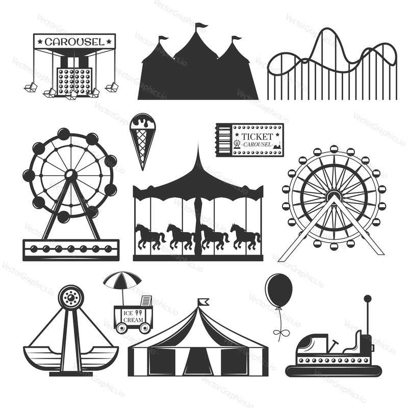 Amusement park attraction black-and-white silhouette isolated set. Fairground festival carnival, circus and funfair carousels, roundabout Ferris wheel, rollercoaster playground vector illustration