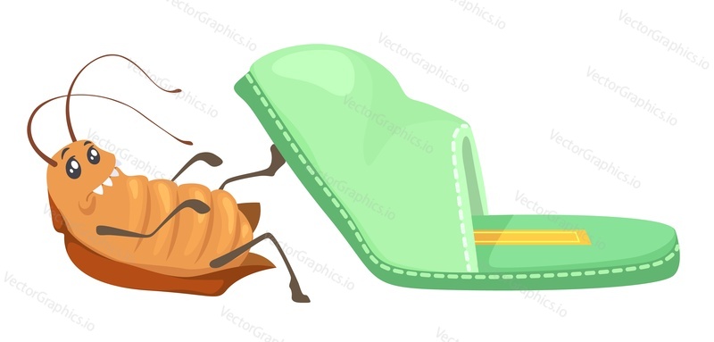 Cute funny cockroach character under home slipper isolated on white background. Cartoon roach scene vector illustration. Scared small insect creature