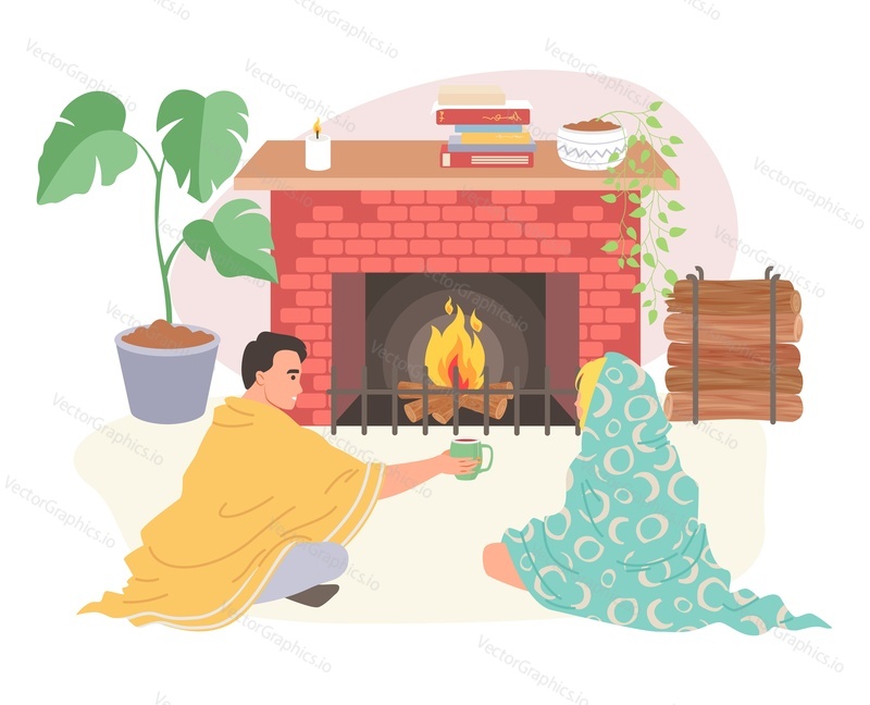 Пара, завернутая в одеяло, сидит на полу дома перед камином, пьет горячий напиток в векторной иллюстрации гостиной. Холодный зимний сезон, концепция сохранения тепла
