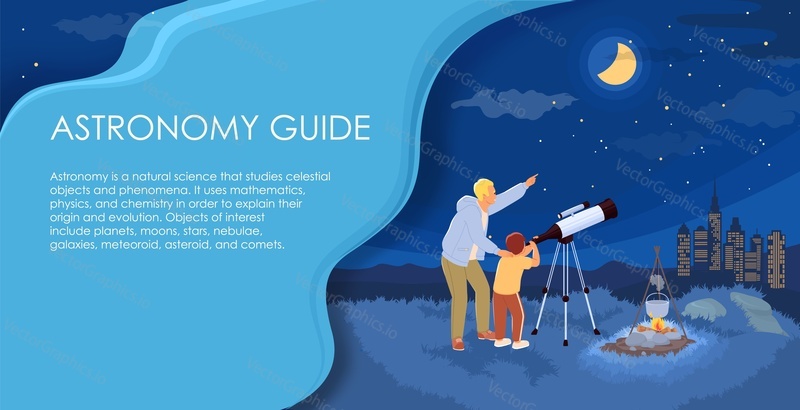 Astronomy guide advertising poster with dad and son observing night sky looking through portable telescope. Learning about space and planets vector illustration