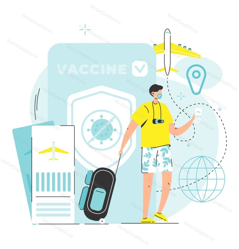 Vaccination for safety travel and access abroad scene. Vector illustration of man traveler with suitcase luggage and immunity passport on smartphone over huge vaccine health certificate