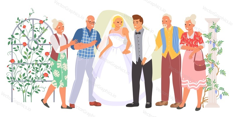 Векторная иллюстрация церемонии бракосочетания. Счастливые жених и невеста и их родители стоят рядом с праздничной цветочной аркой. Традиционное свадебное мероприятие