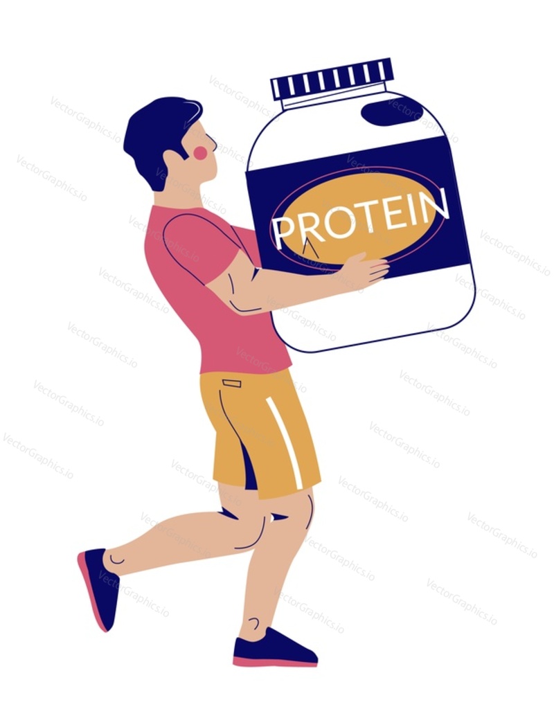Athletic muscular sportsman character carrying huge protein powder jar pack flat cartoon vector illustration isolated on white background. Sports nutrition and supplement for fitness people
