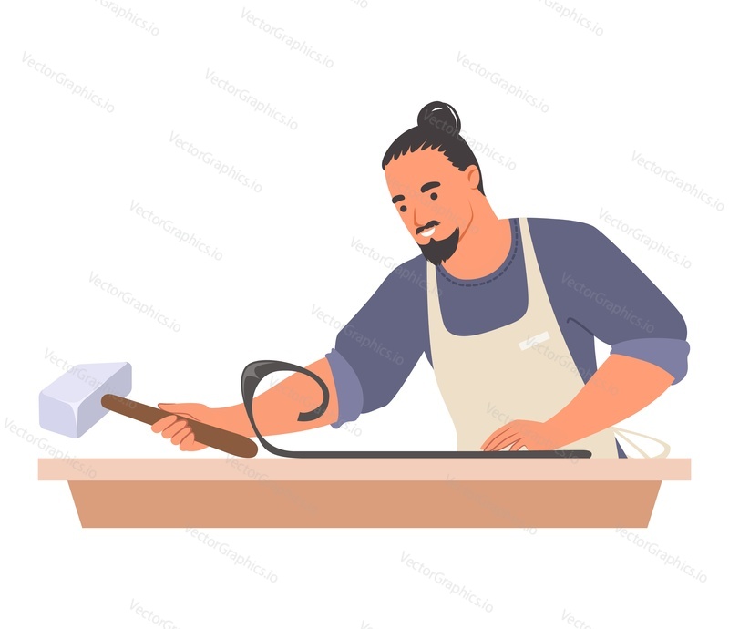 Blacksmith worker using hammer hardware tool vector illustration. Flat cartoon male character hammersmith doing craft job at workshop isolated on white background