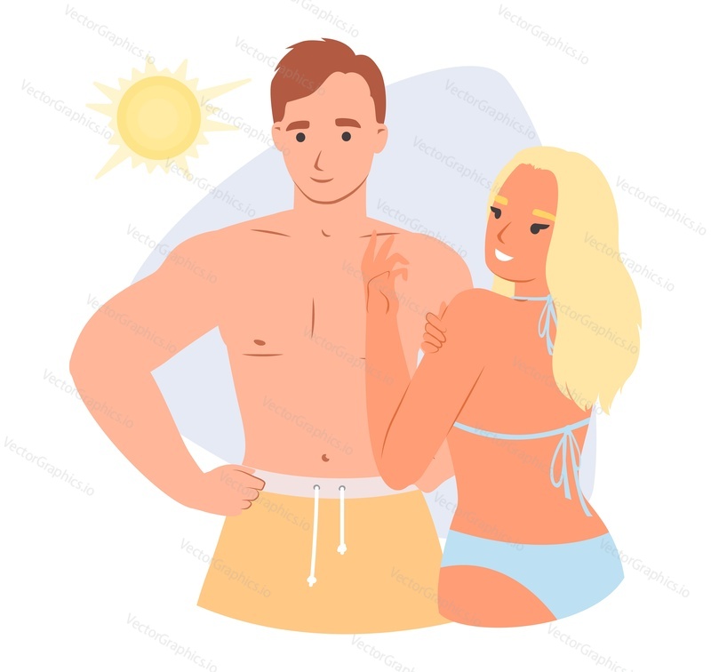 Happy loving couple wearing swimsuit portrait. Young man and woman sunbathing on vacation at tropical resort vector illustration. Boyfriend and girlfriend hugging