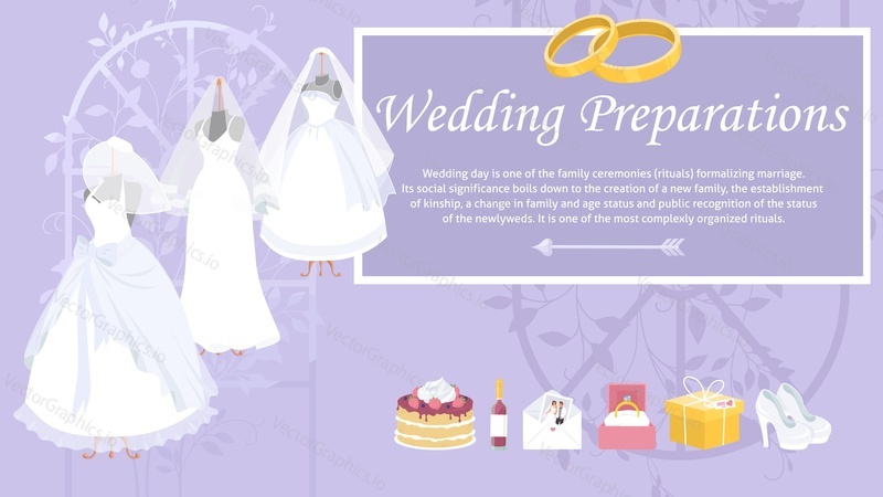 Векторная иллюстрация веб-баннера по подготовке к свадьбе. Подготовка к церемонии бракосочетания, выбор и планирование даты, места, меню ресторана и оформления, приглашение гостей