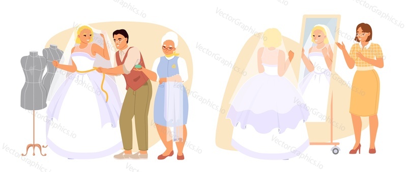 Wedding tailor sewing dress for bride isolated scene set. Happy beautiful woman in bridal cloghing at atelier salon vector illustration