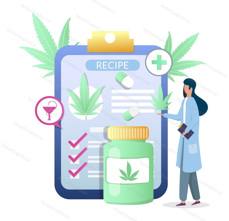 Prescriptions for treatment and therapy concept. Tiny woman doctor in lab coat standing next to huge recipe clipboard vector Illustration