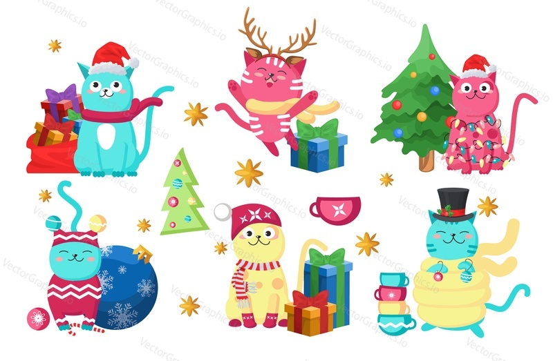 Cute christmas cat winter characters isolated set on white background. Funny kitten with xmas gift box and baubles, nearby decorated fir tree, wrapped in garland vector illustration