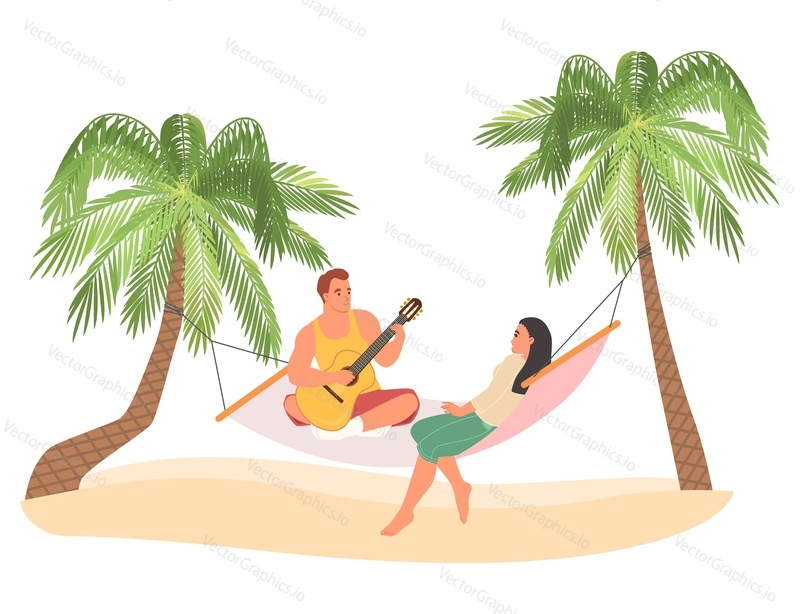 Влюбленная пара качается в гамаке на тропическом пляже на экзотическом курорте векторная иллюстрация. Парень поет романтическую песню и играет на гитаре для подруги. Концепция свиданий, медового месяца или отпуска