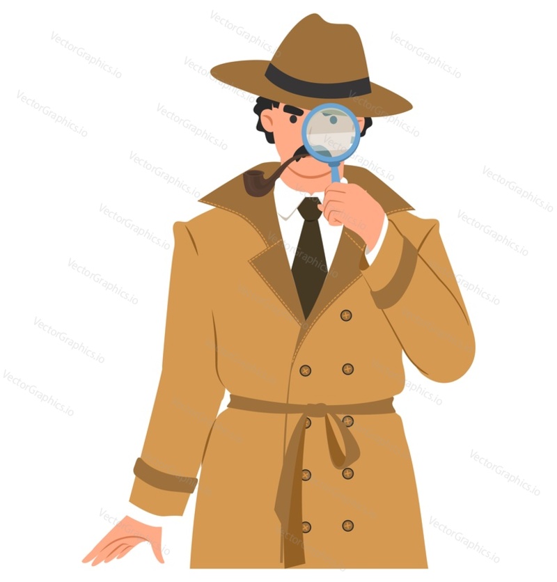 Detective in coat and hat with smoking pipe looking through magnifying glass portrait isolated on white background. Inspector engaged in investigation crime concept