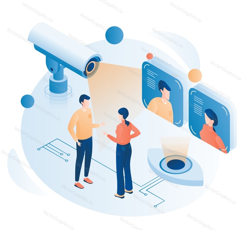 City street surveillance video control with facial recognition vector illustration. Man and woman talking while CCTV camera working on personal identification. Public security technology
