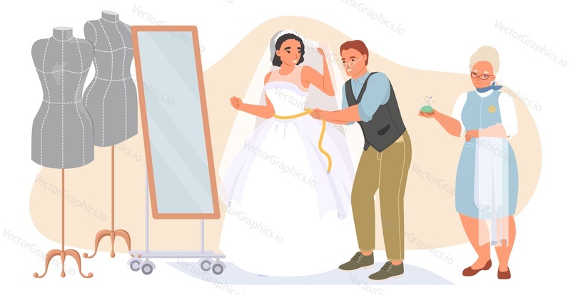 Tailor master taking measurement and fitting of pretty bride for beautiful wedding dress vector illustration. Professional atelier studio interior background