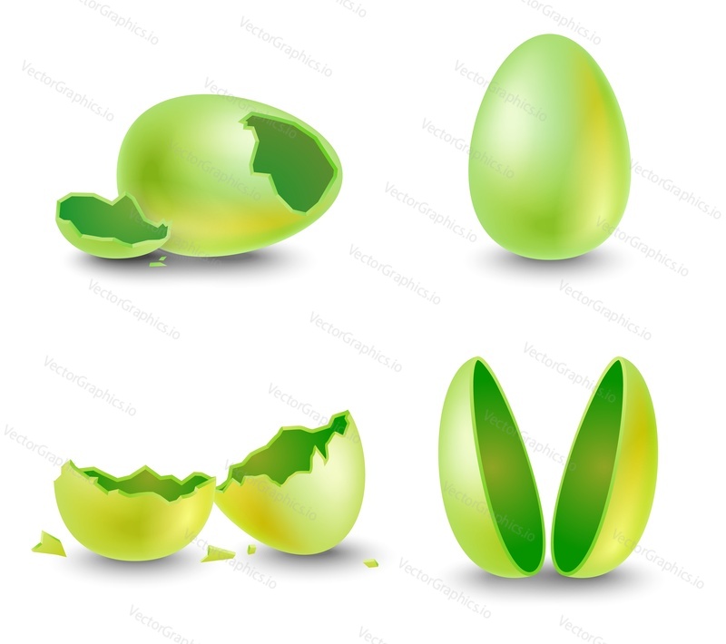Golden festive egg for surprise and greeting isolated set. Whole, halved, cracked and broken holiday eggshell confectionery design element vector illustration